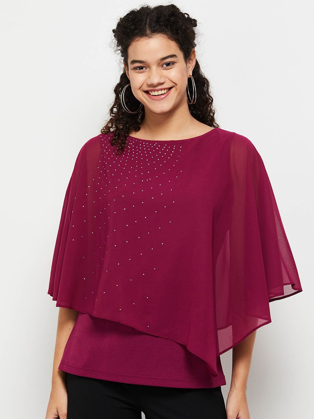

max Women Maroon Embellished Cape Top