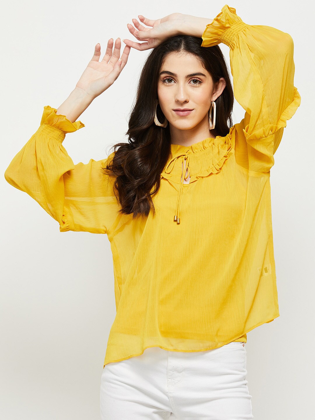 

max Women Yellow Solid Tie-Up Neck Polyester Top