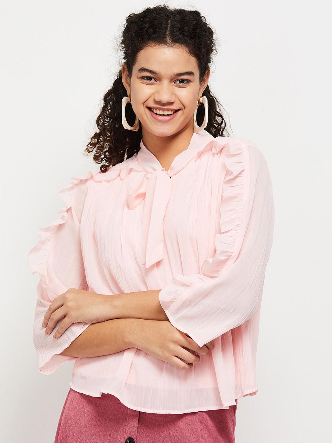 

max Women Pink Tie-Up Neck Ruffles Top