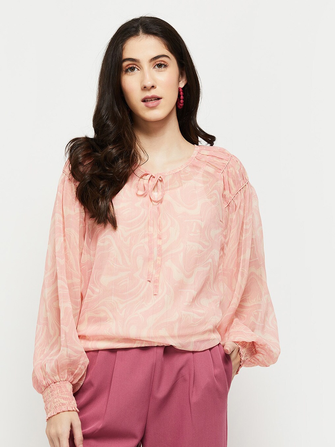 

max Pink Print Tie-Up Neck Blouson Top
