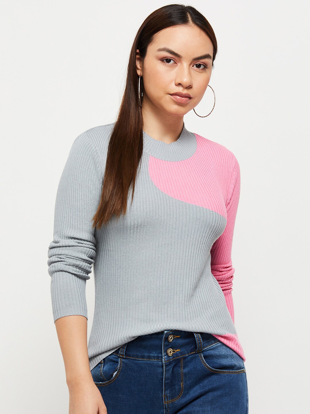 max Women Grey & Pink Colourblocked Polyester Round Neck Top