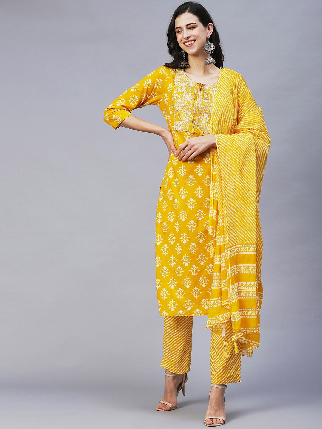 

INDYES Women Mustard Yellow Ethnic Motifs Printed Pure Cotton Kurta with Trousers & With Dupatta