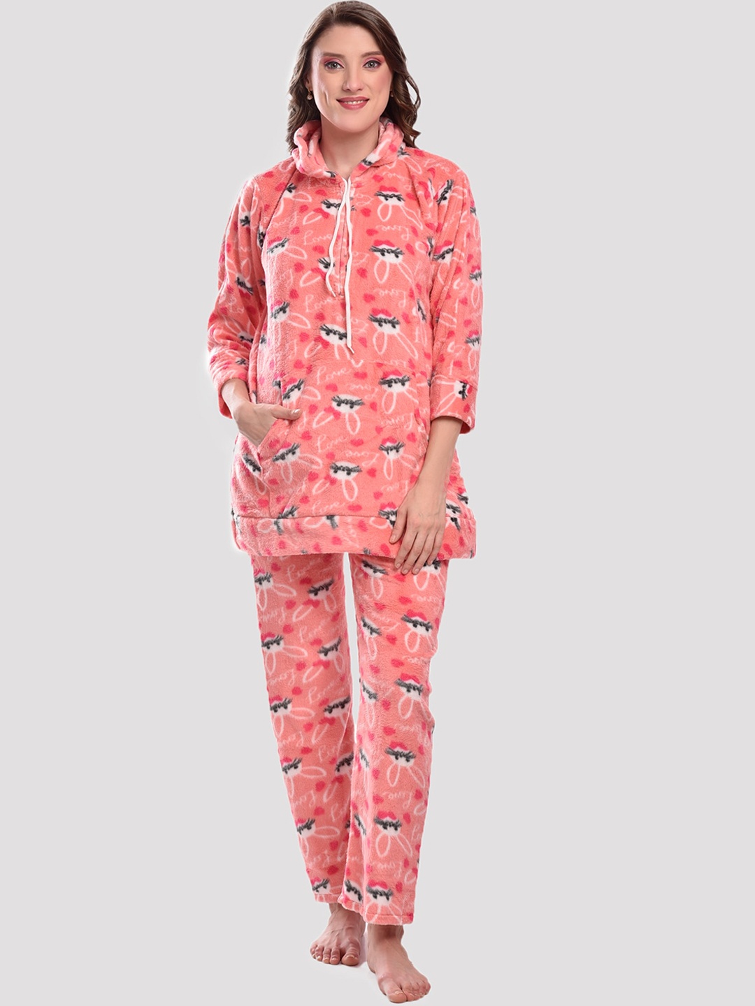 

CIERGE Women Pink & White Printed Hooded Night Suit