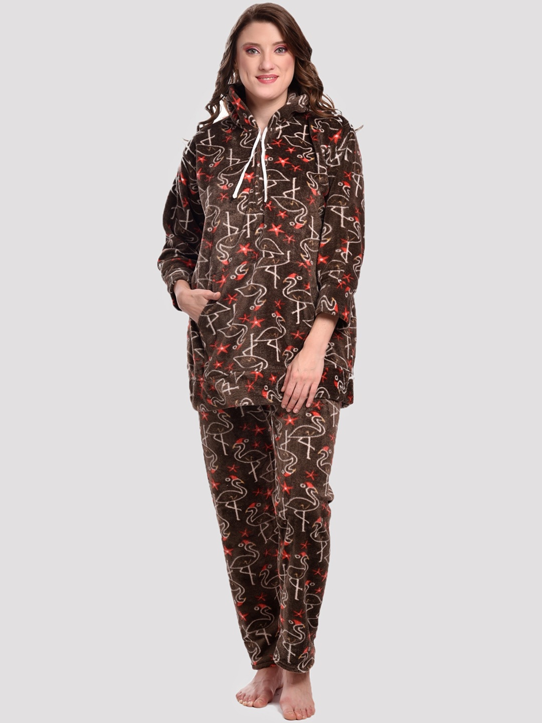 

CIERGE Women Brown & White Printed Night suit