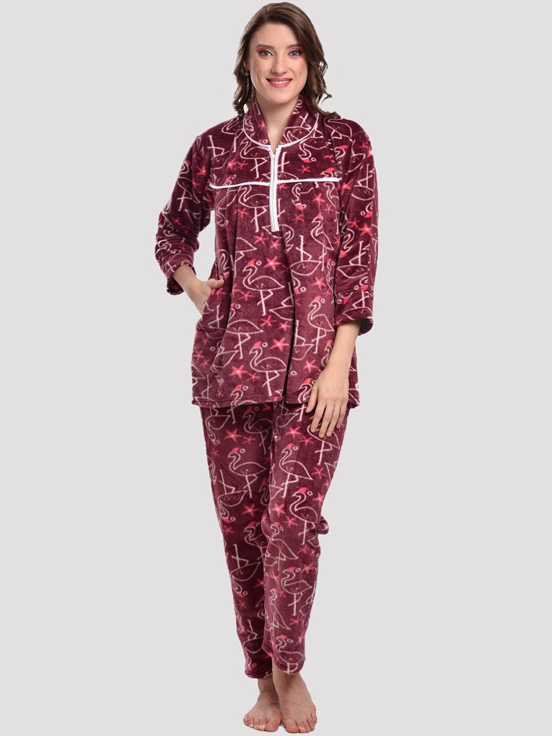 

CIERGE Women Maroon & White Printed Night suit CIERGE WINE ANIMAL WOOL