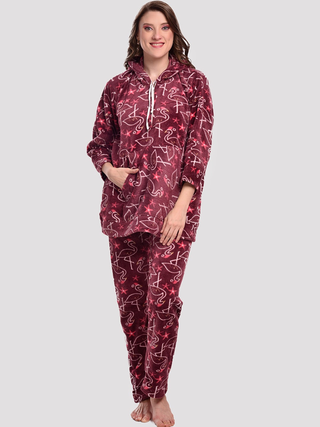 

CIERGE Women Maroon & White Printed Night suit