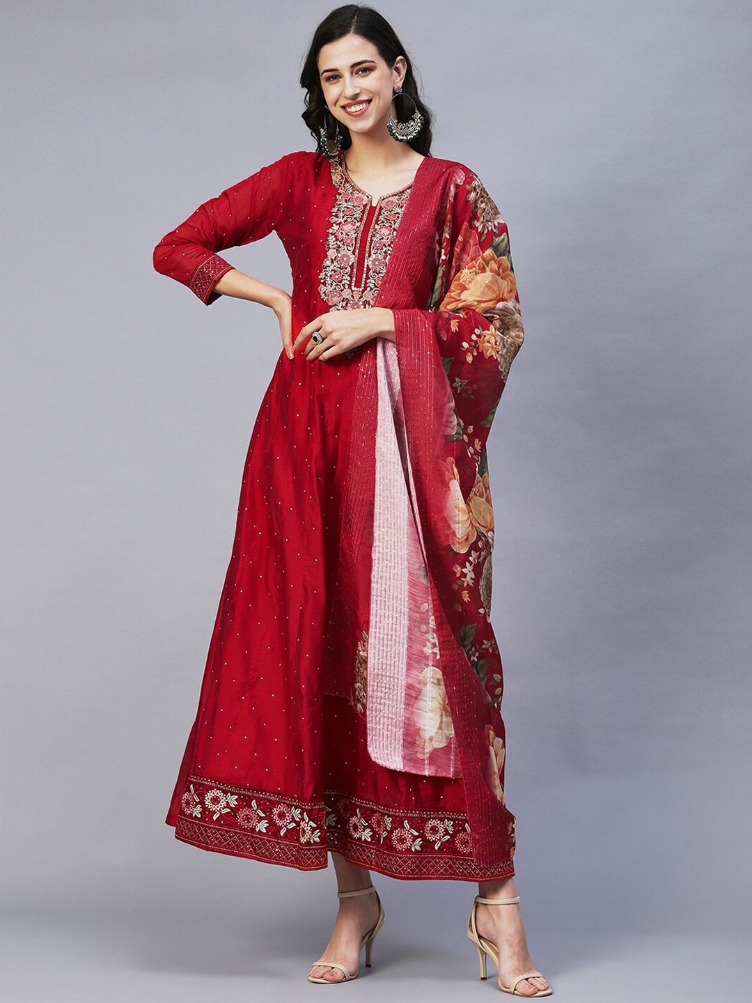 

INDYES Women Red Thread Work Embroidery Anarkali Kurta with Dupatta