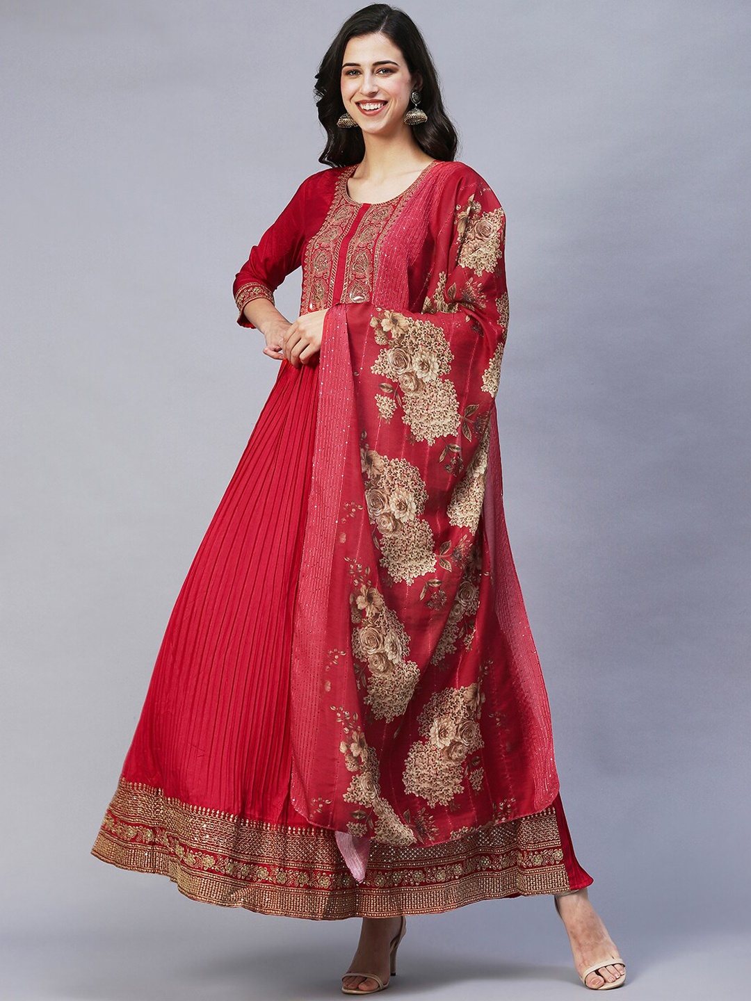 

INDYES Women Red Ethnic Motifs Printed Ethnic Dress With Dupatta