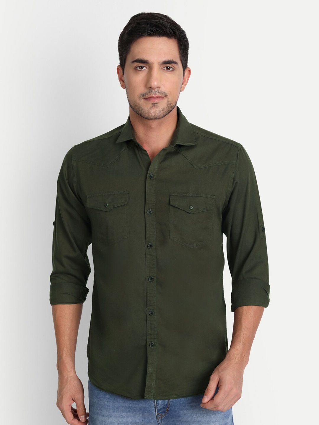 

DEZANO Men Olive Green Cotton Comfort Casual Shirt