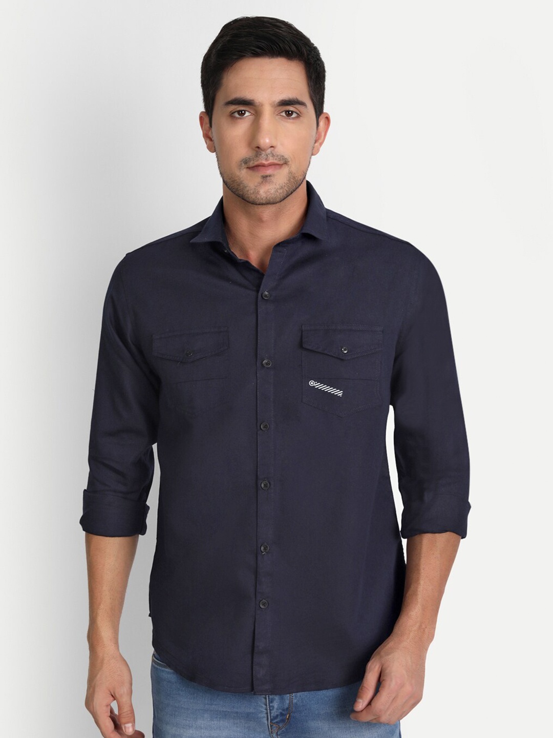 

DEZANO Men Navy Blue Solid Regular Fit Cotton Casual Shirt