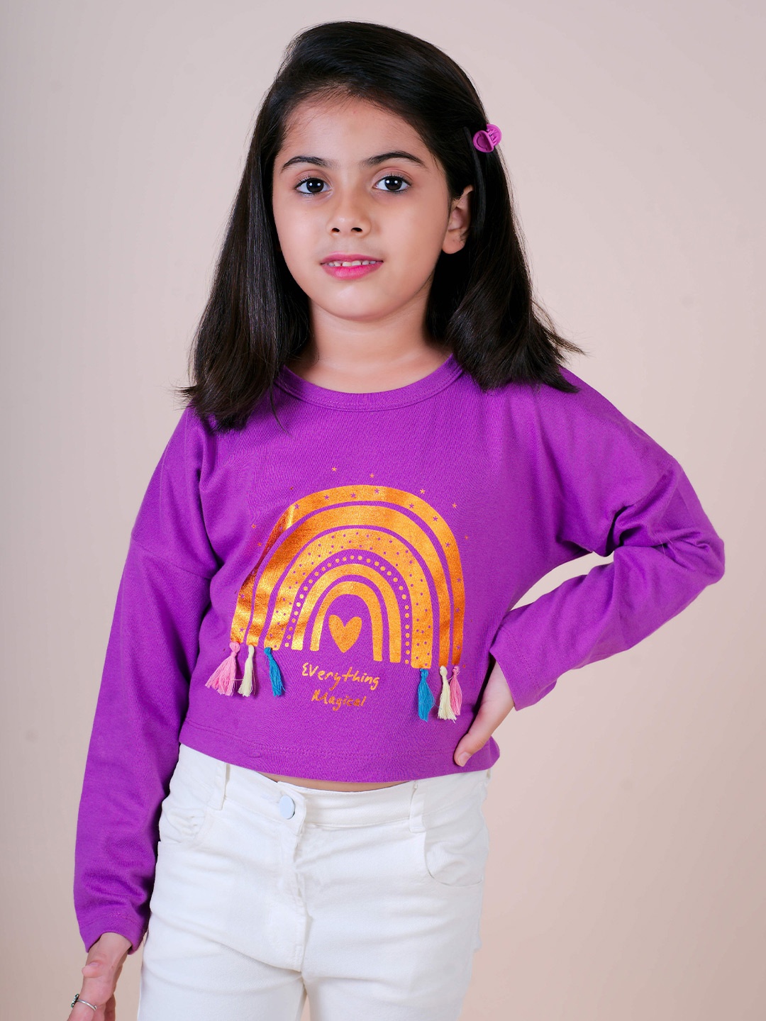 

Little Carrot Girls Purple Printed Extended Sleeves Slim Fit T-shirt