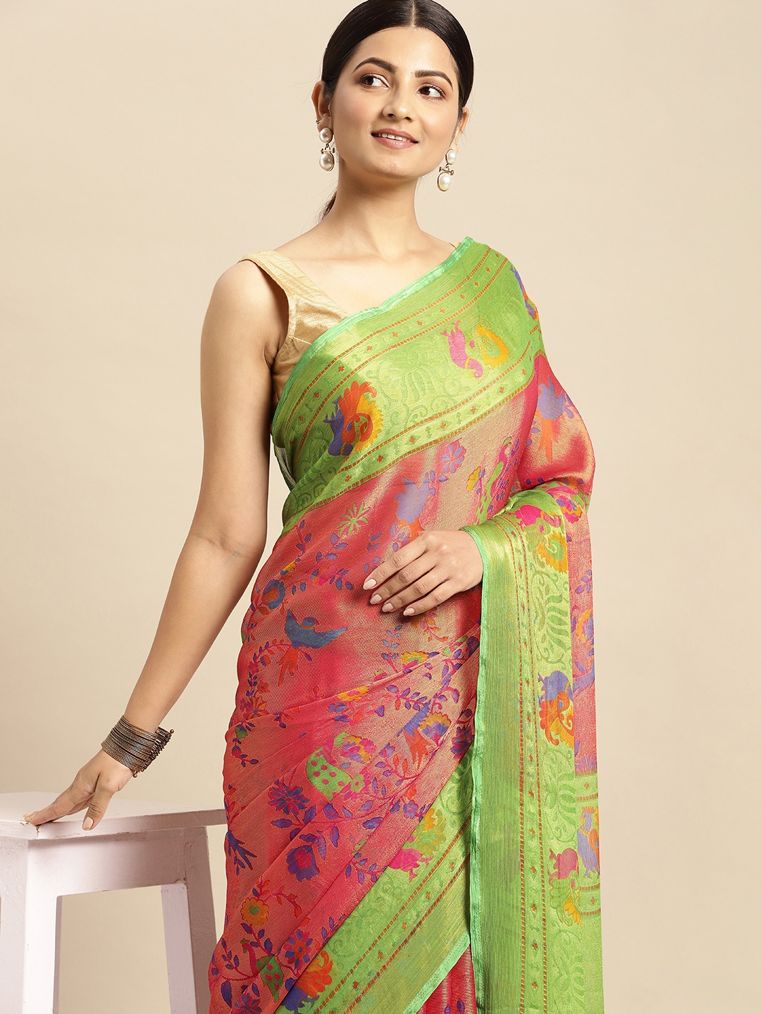 

RACHNA Coral Red & Green Brasso Block Print Saree