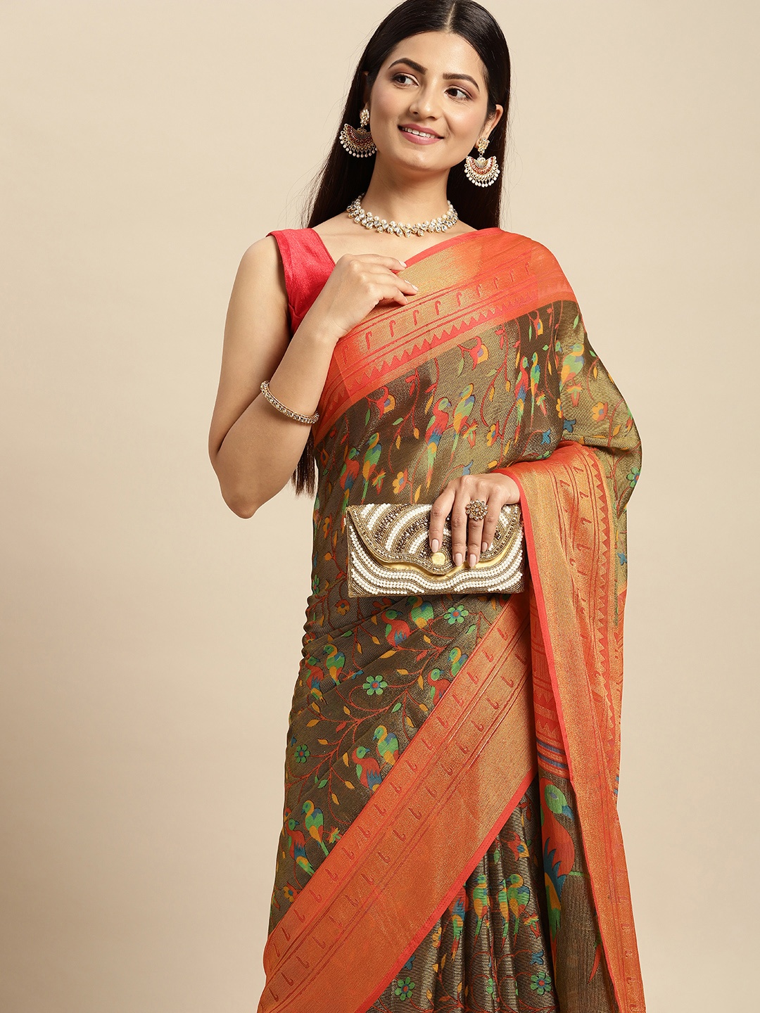 

RACHNA Brown & Orange Ethnic Motifs Brasso Block Print Saree