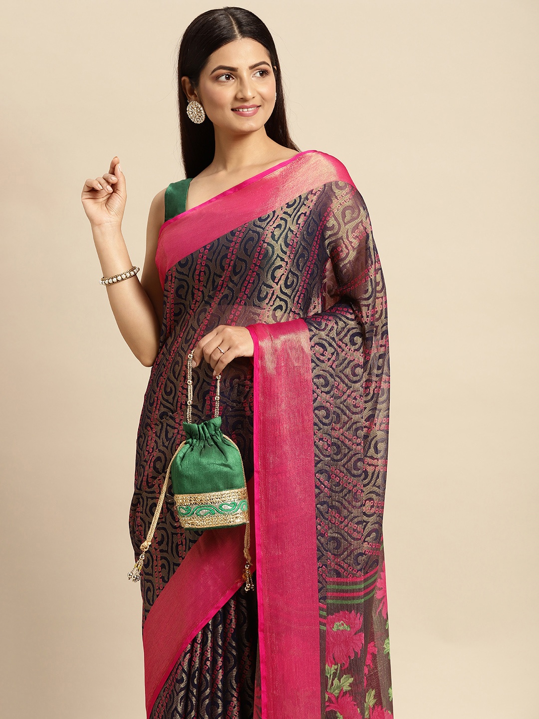 

RACHNA Navy Blue & Pink Ethnic Motifs Brasso Block Print Saree
