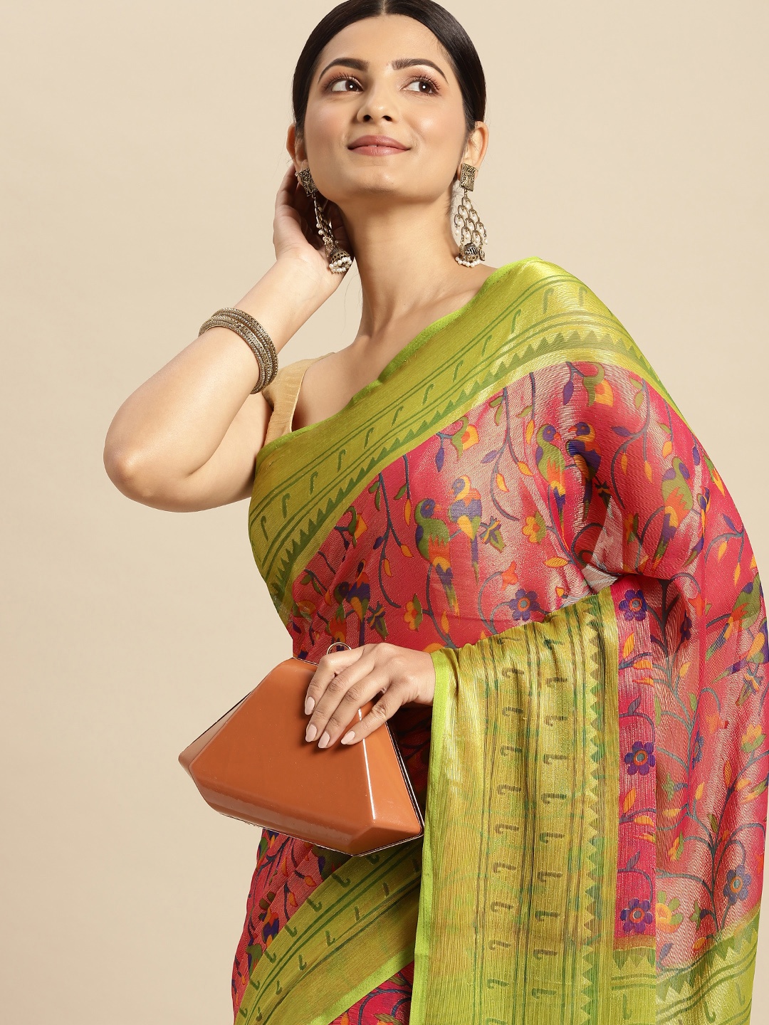 

RACHNA Pink & Blue Brasso Block Print Saree