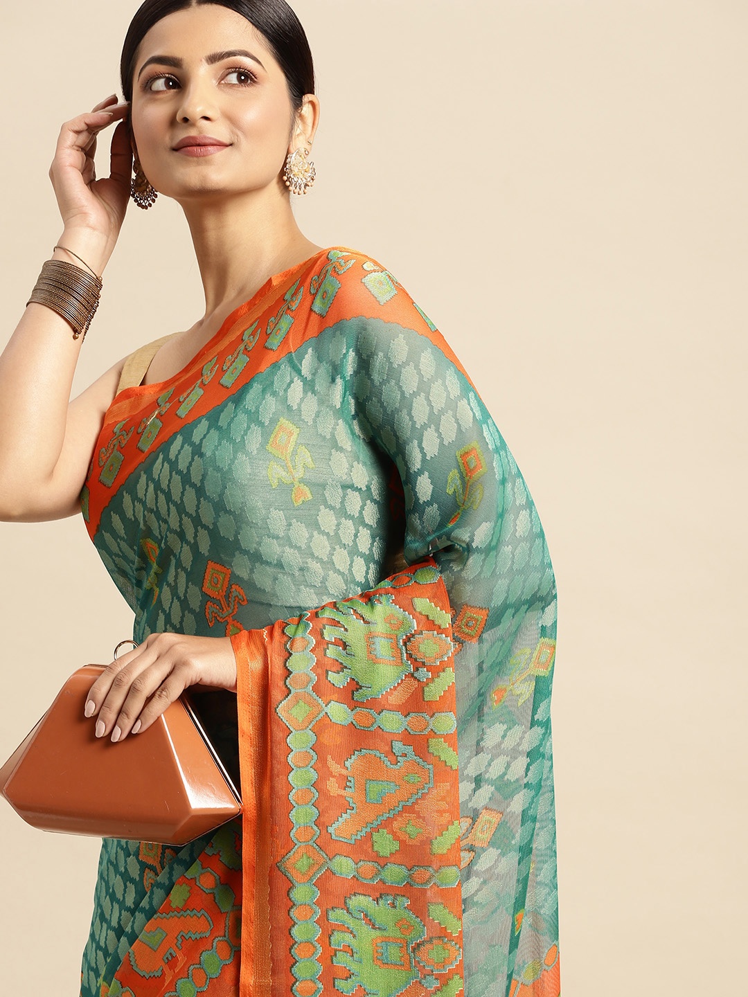 

RACHNA Sea Green Brasso Block Print Saree