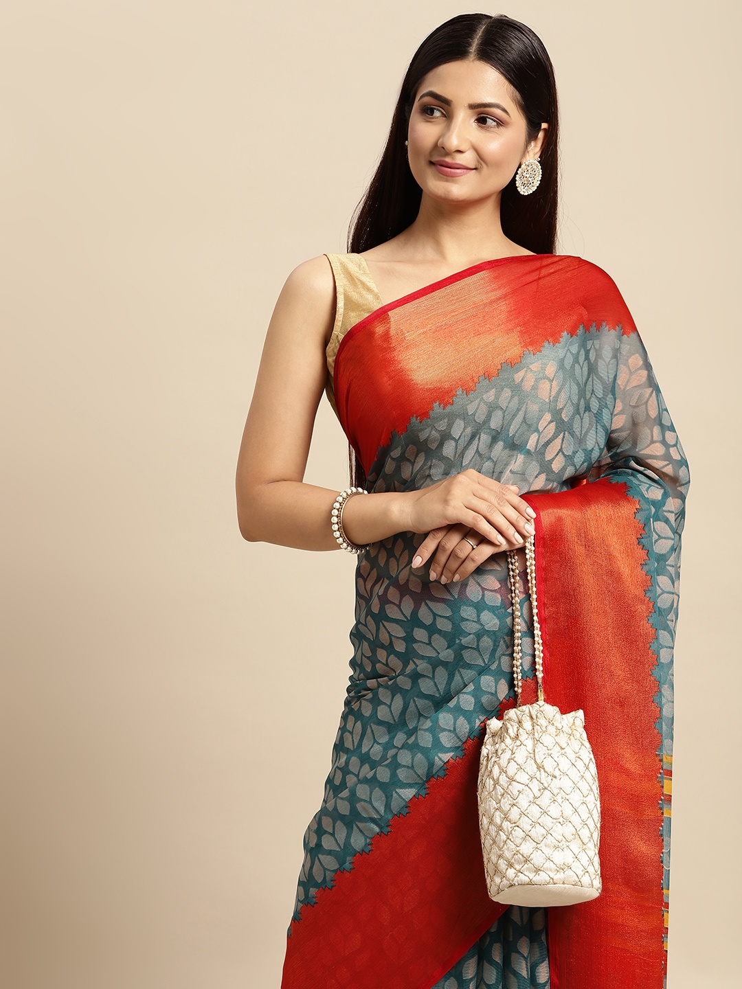 

RACHNA Blue & Orange Ethnic Motifs Brasso Block Print Saree