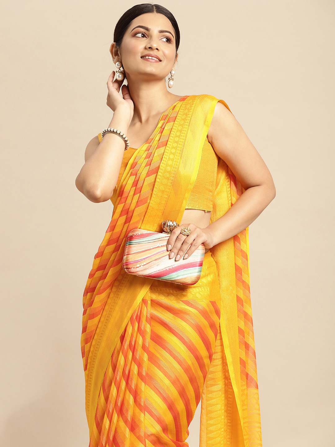 

RACHNA Mustard Yellow & Orange Brasso Block Print Saree