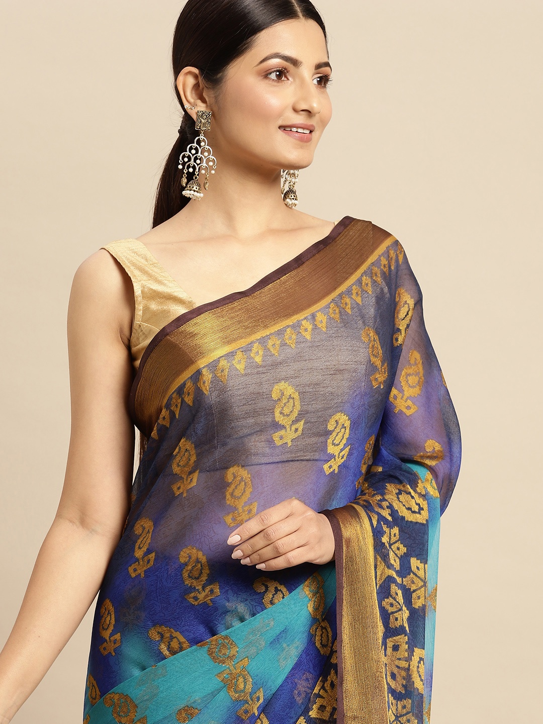 

RACHNA Blue & Green Brasso Paisley Block Print Saree
