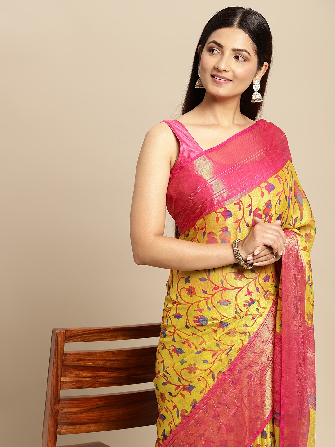 

RACHNA Yellow & Pink Ethnic Motifs Brasso Block Print Saree