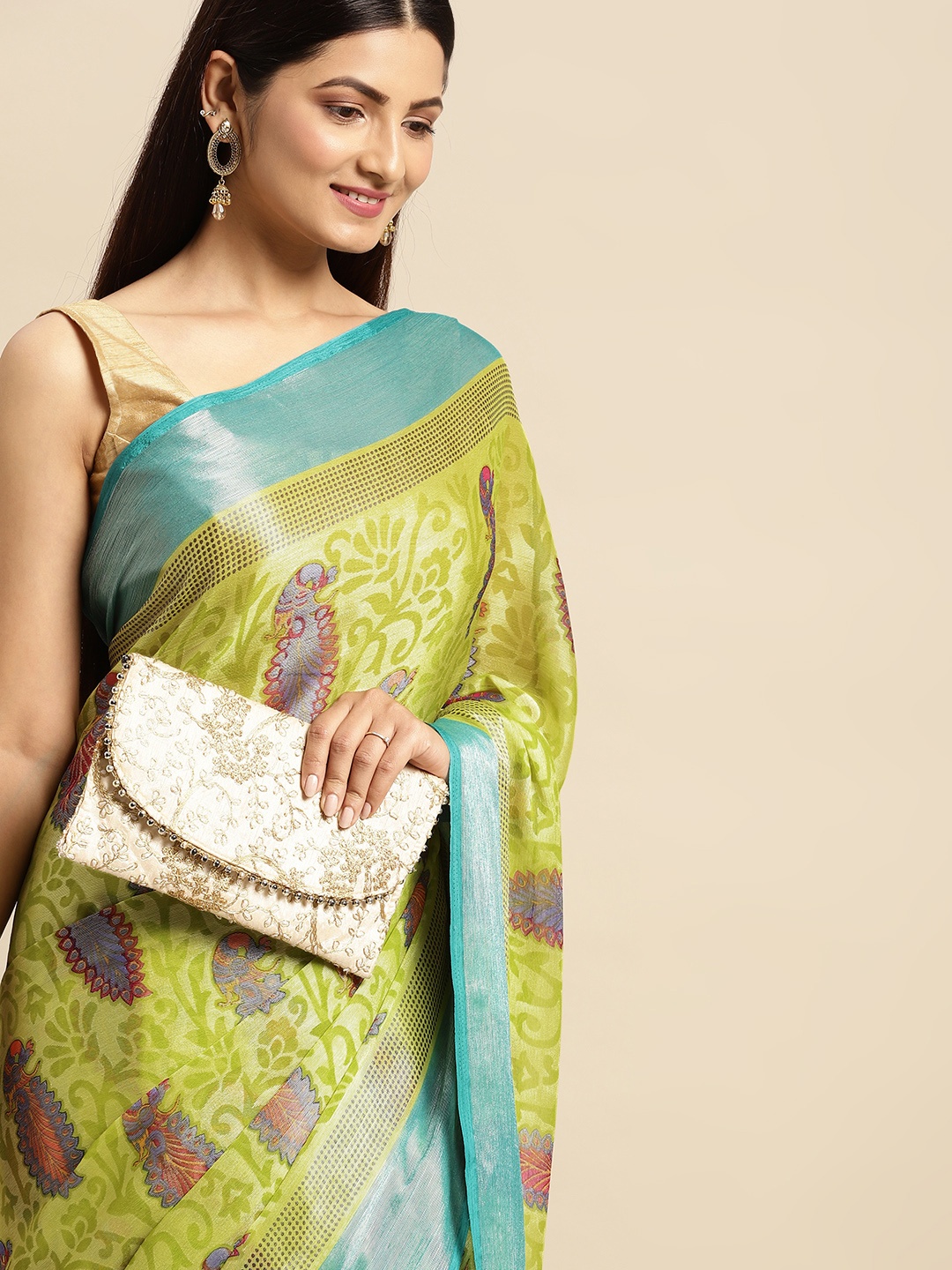 

RACHNA Green & Blue Ethnic Motifs Brasso Block Print Saree