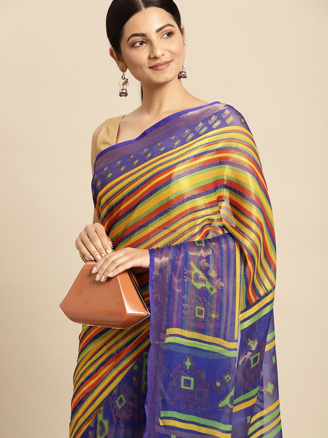 

RACHNA Yellow & Blue Brasso Block Print Saree