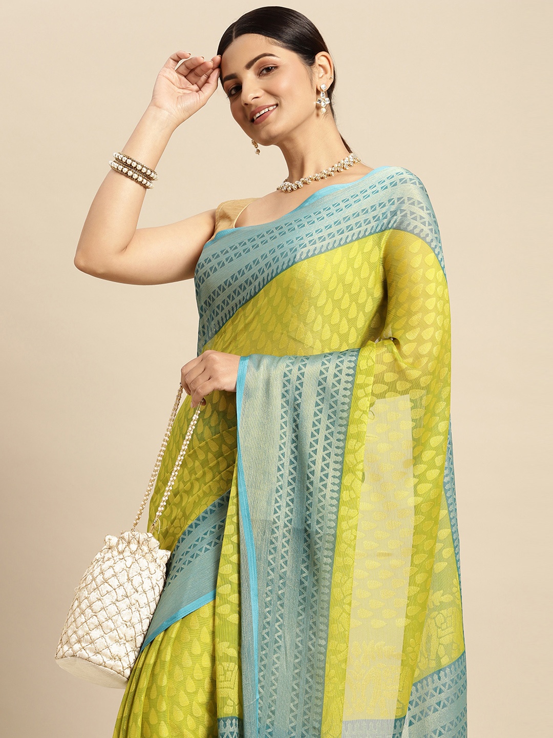 

RACHNA Green & Blue Geometric Print Brasso Saree