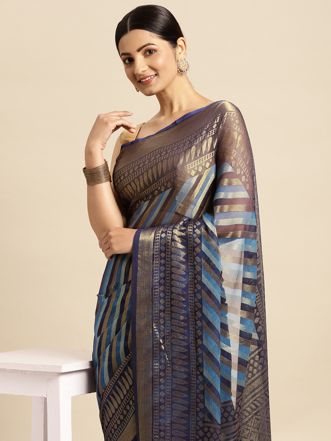 

RACHNA Blue & Golden Brasso Block Print Saree