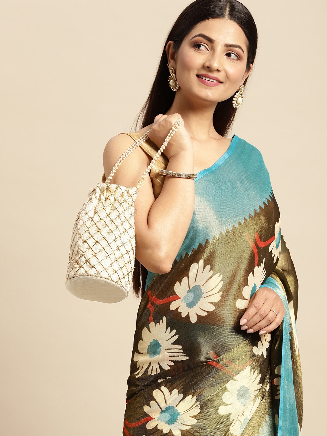 

RACHNA Olive Green & Off White Floral Brasso Block Print Saree