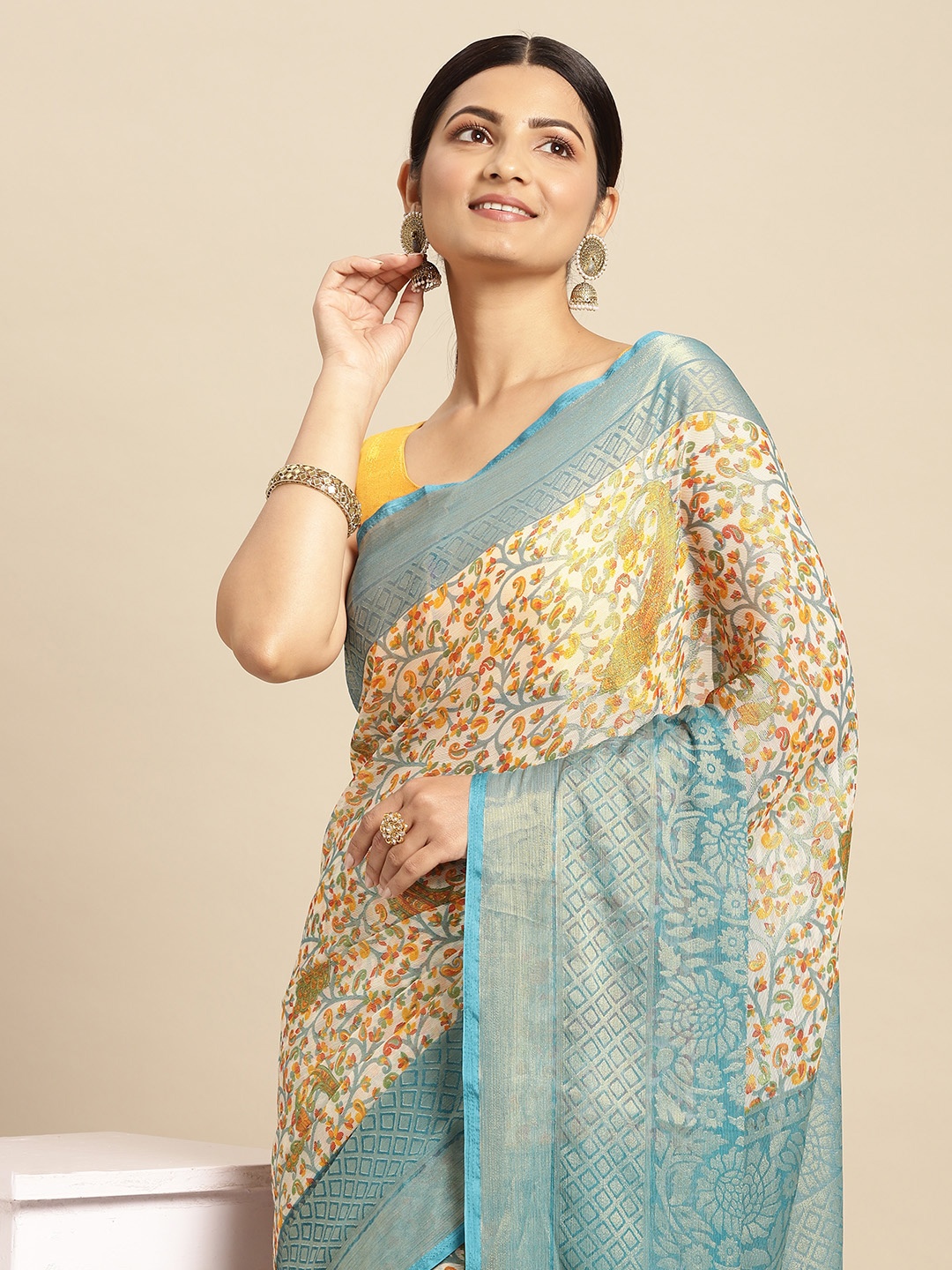

RACHNA Cream-Coloured & Yellow Brasso Block Print Saree