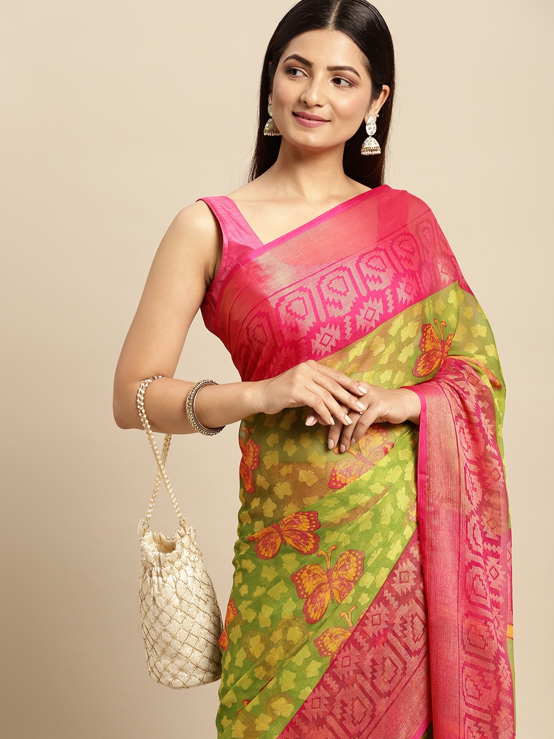 

RACHNA Green & Pink Ethnic Motifs Brasso Block Print Saree