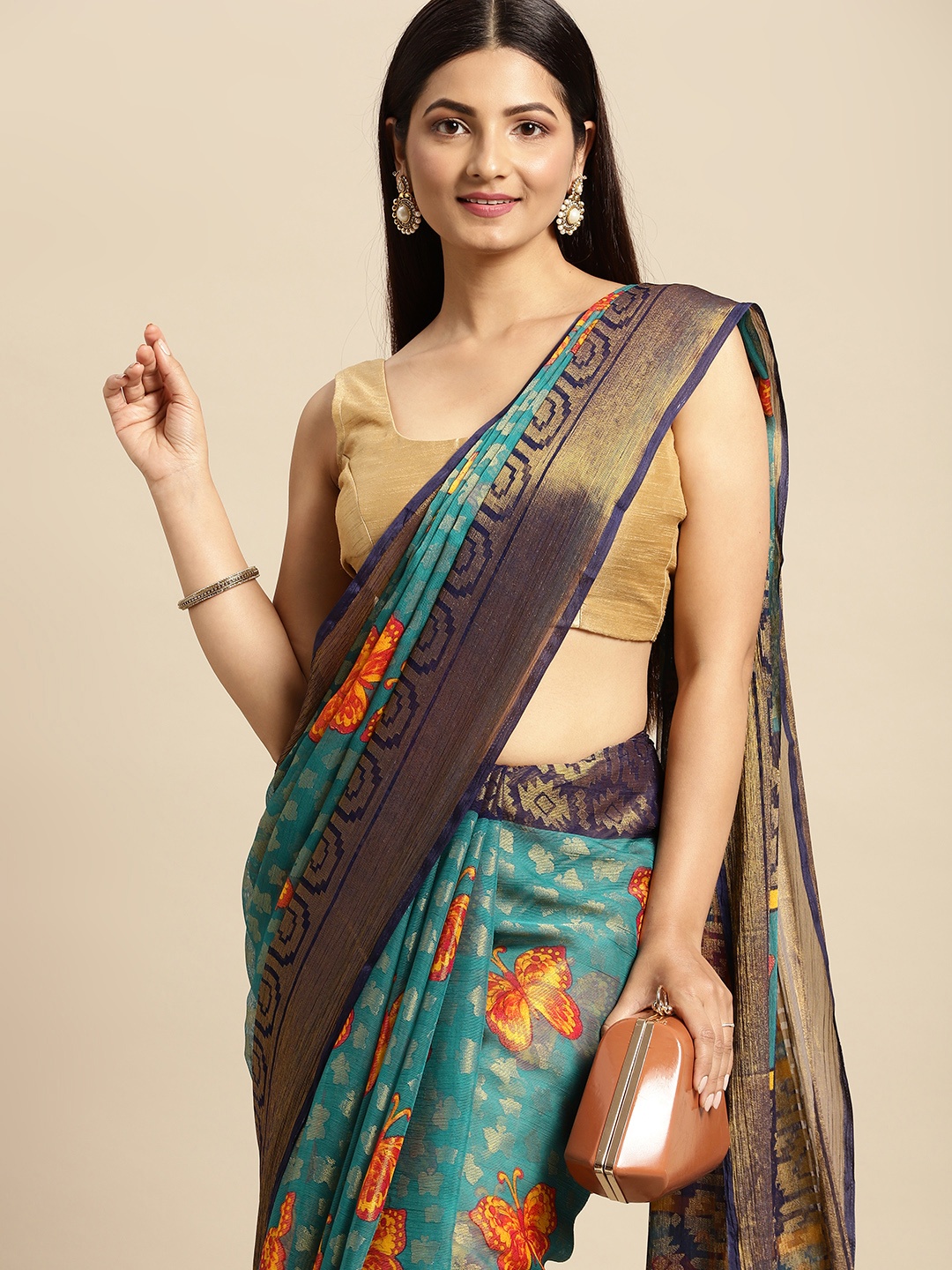 

RACHNA Blue & Orange Ethnic Motifs Brasso Block Print Saree