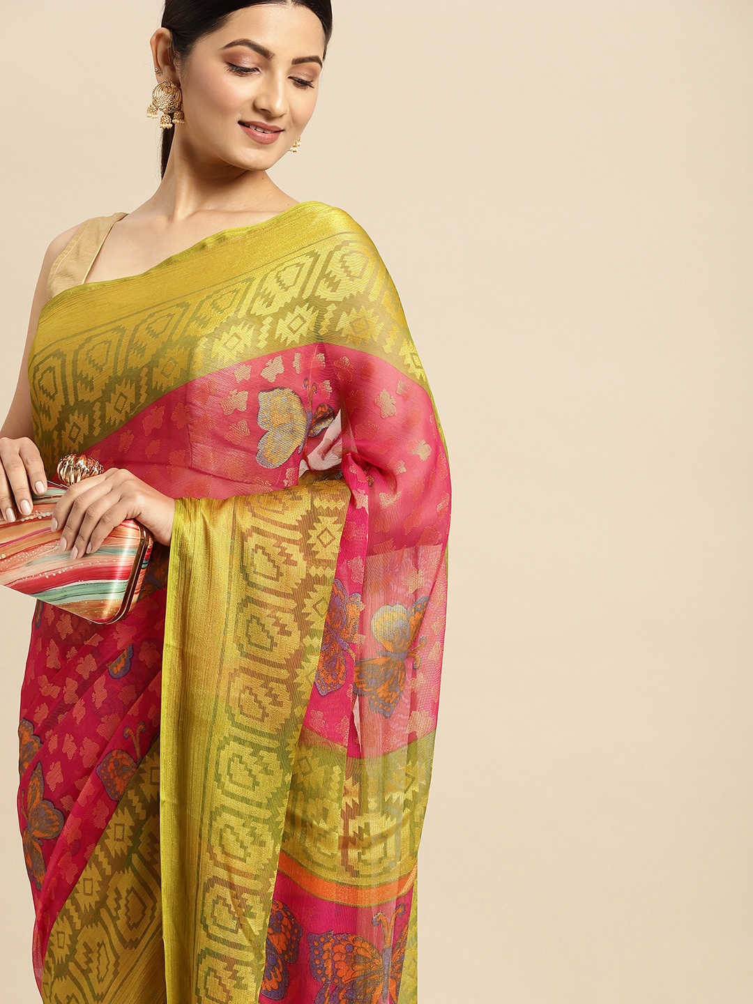 

RACHNA Pink & Green Brasso Block Print Saree
