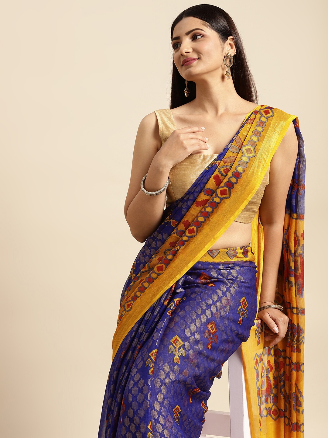 

RACHNA Navy Blue & Yellow Ethnic Motifs Brasso Block Print Saree