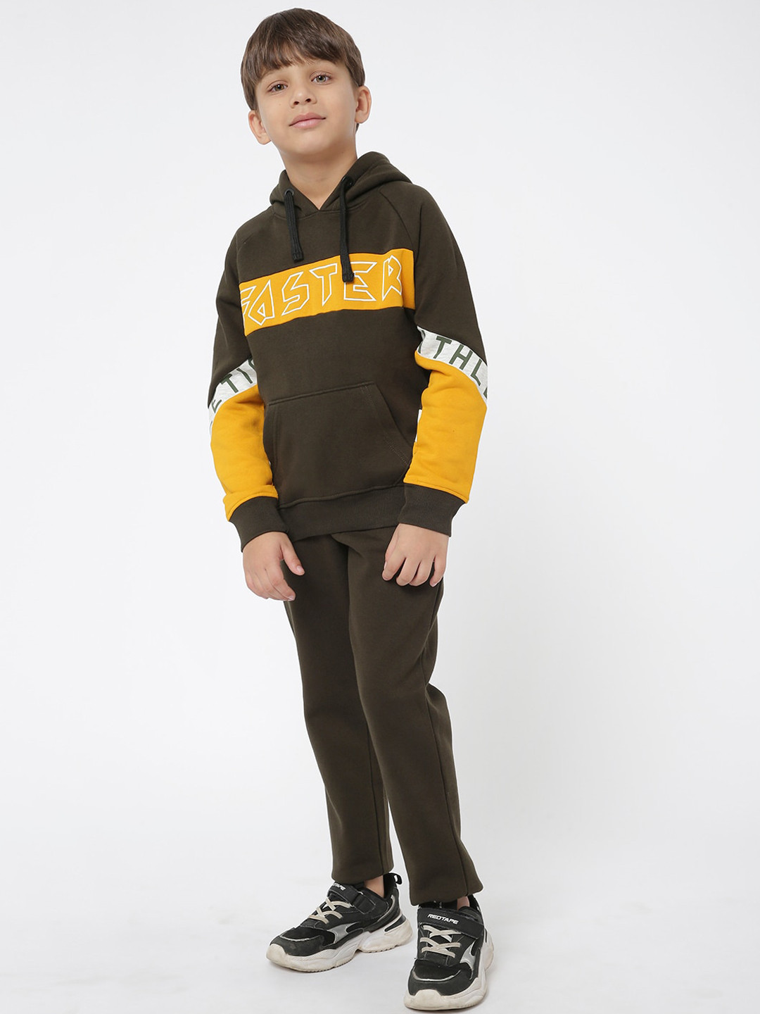 

Sweet Dreams Boys Olive Green & Yellow Colourblocked Fleece Hooded Tracksuits