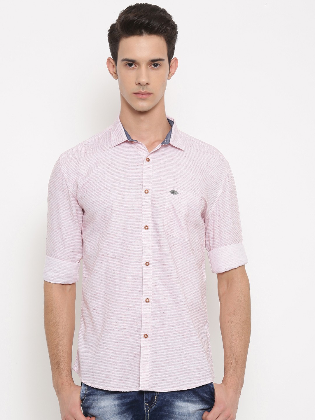 

Nature Casuals Men Pink & White Slim Fit Striped Casual Shirt