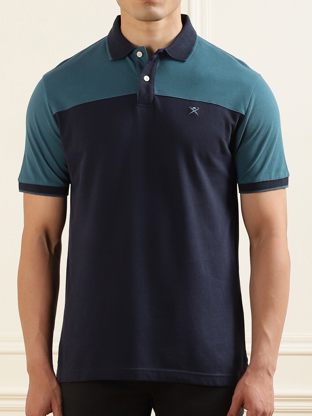 

HACKETT LONDON Men Navy Blue Colourblocked Polo Collar Pure Cotton T-shirt