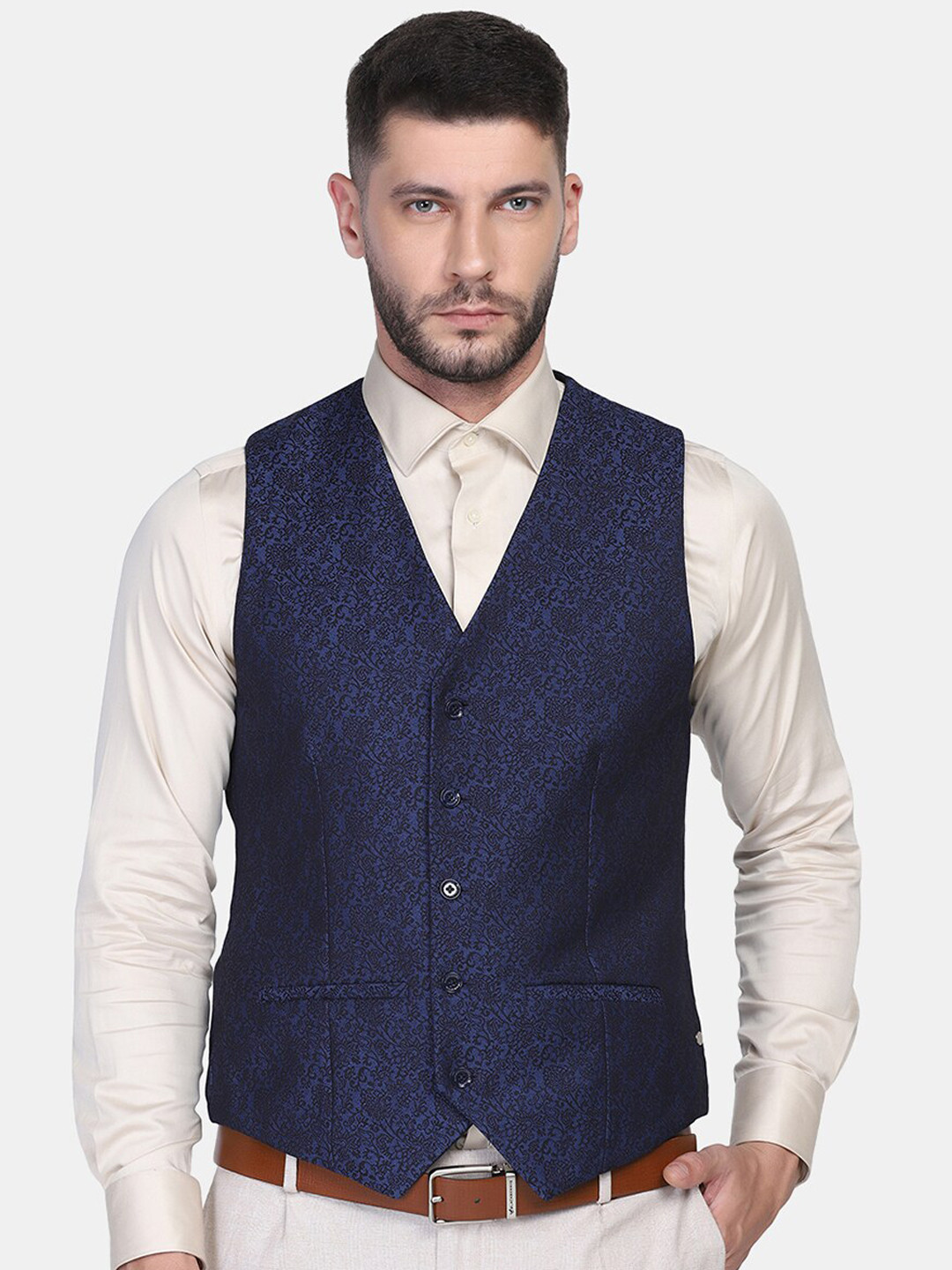 

Blackberrys Men Navy Blue Woven Design Polyester Waistcoat
