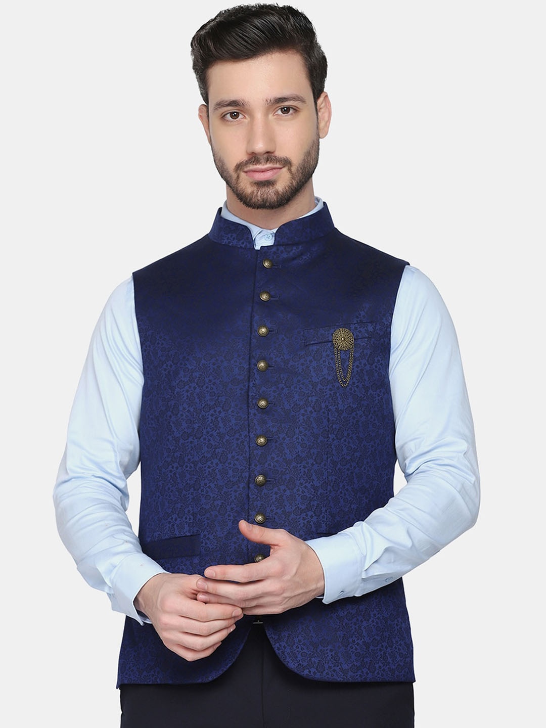

Blackberrys Men Navy Blue Floral Woven Design Nehru Jacket