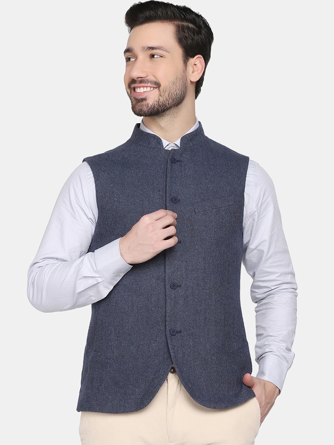 

Blackberrys Men Woven Design Nehru Jacket, Navy blue