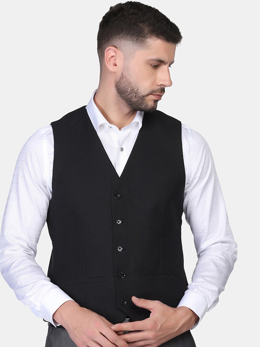 

Blackberrys Men Black Solid Woven Waistcoat