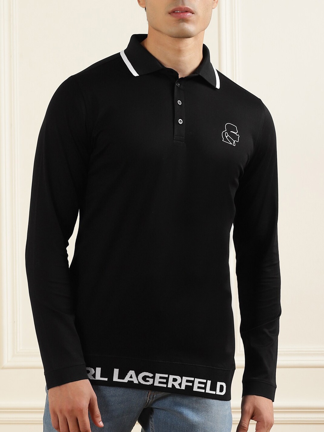 

Karl Lagerfeld Men Black Solid Hem Branding Polo Collar T-shirt