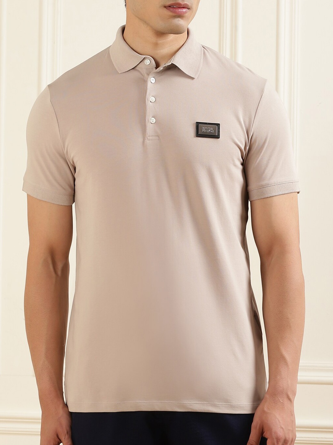 

Karl Lagerfeld Men Beige Polo Collar Applique T-shirt