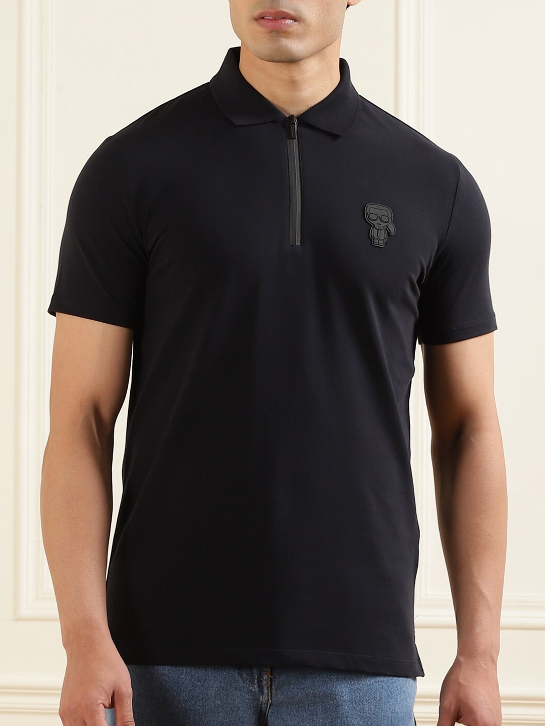 

Karl Lagerfeld Men Navy Blue Polo Collar Half-Zipper T-shirt