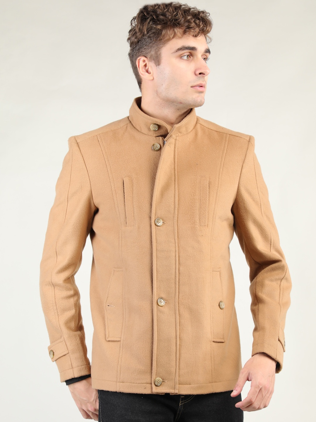 

CHKOKKO Men Camel Brown Solid Winter Overcoat