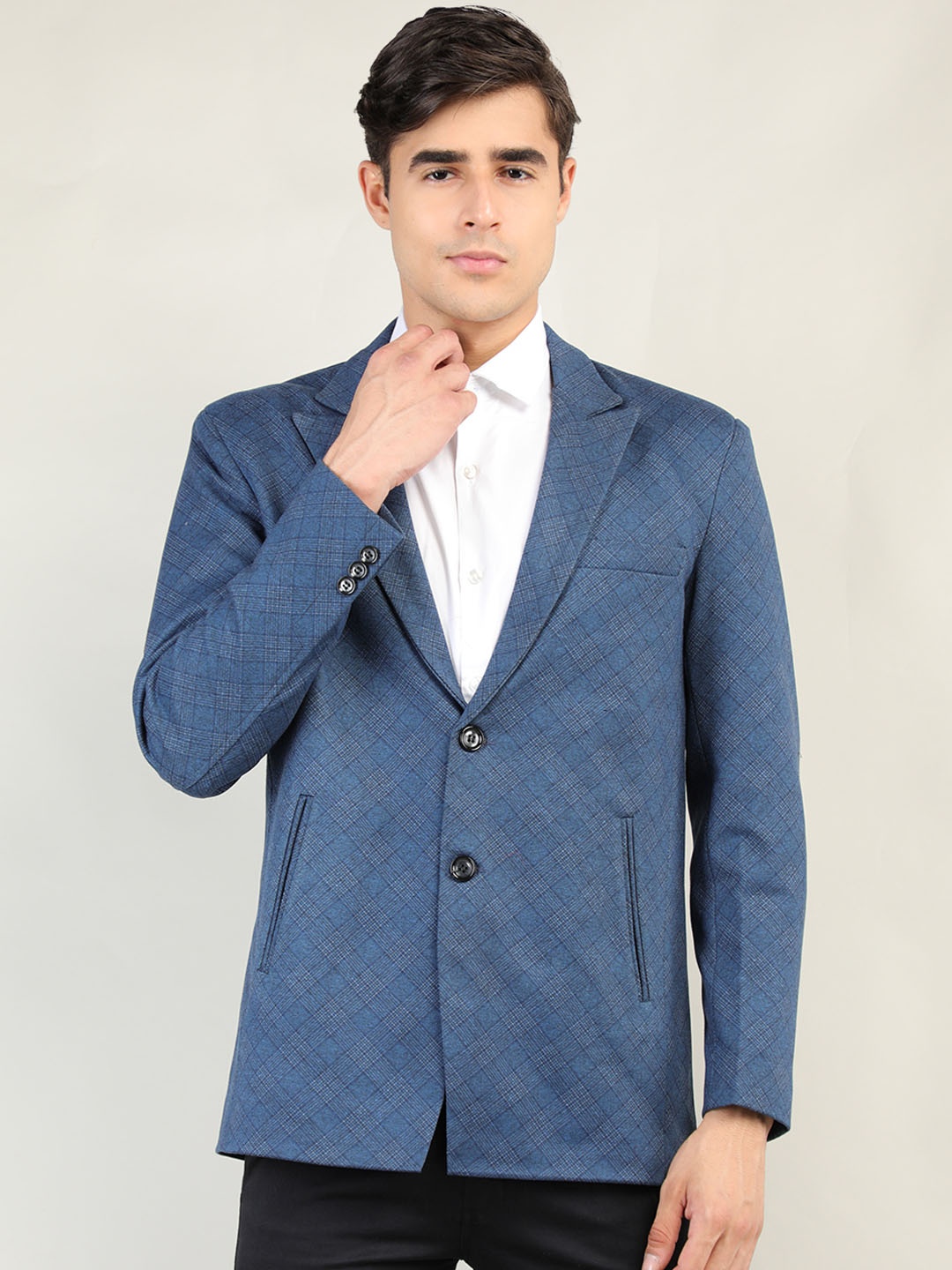 

CHKOKKO Men Blue Checked Single-Breasted Casual Blazer