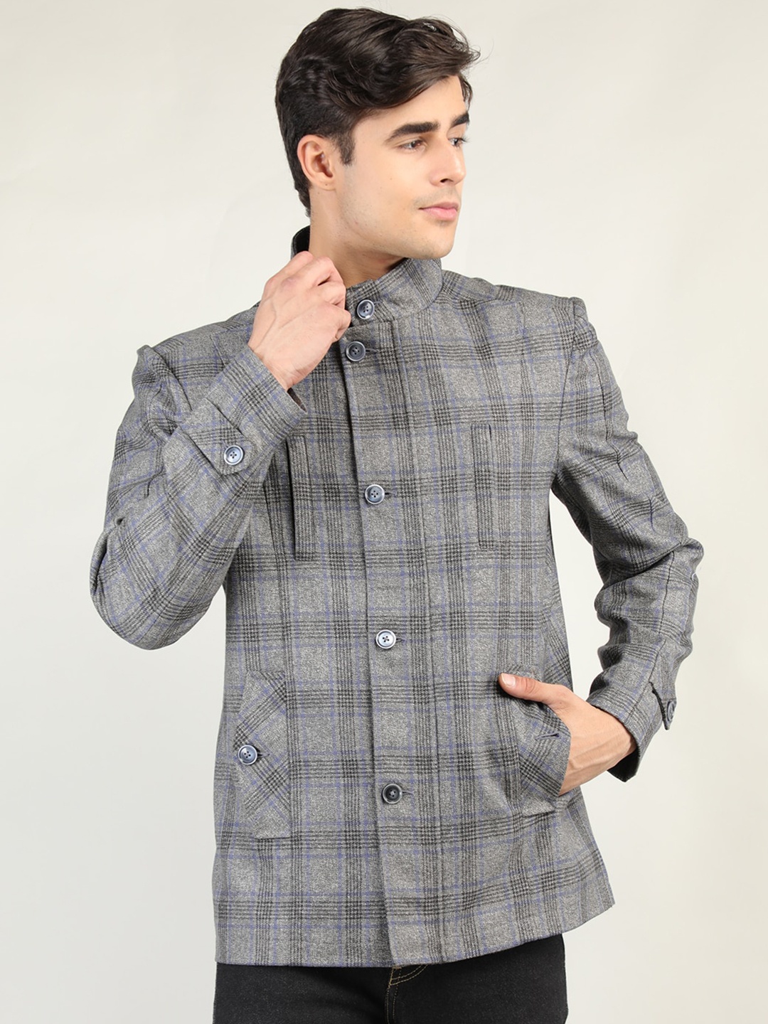 

CHKOKKO Men Grey Checked Winter Coats