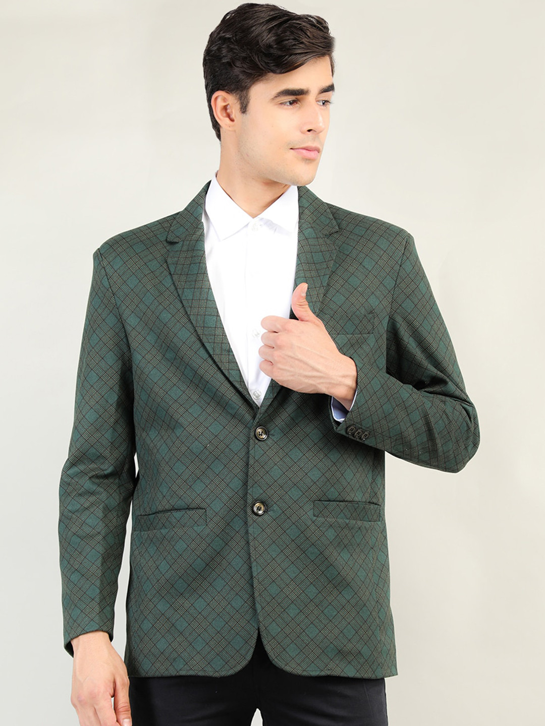 

CHKOKKO Men Green Checked Single-Breasted Blazer