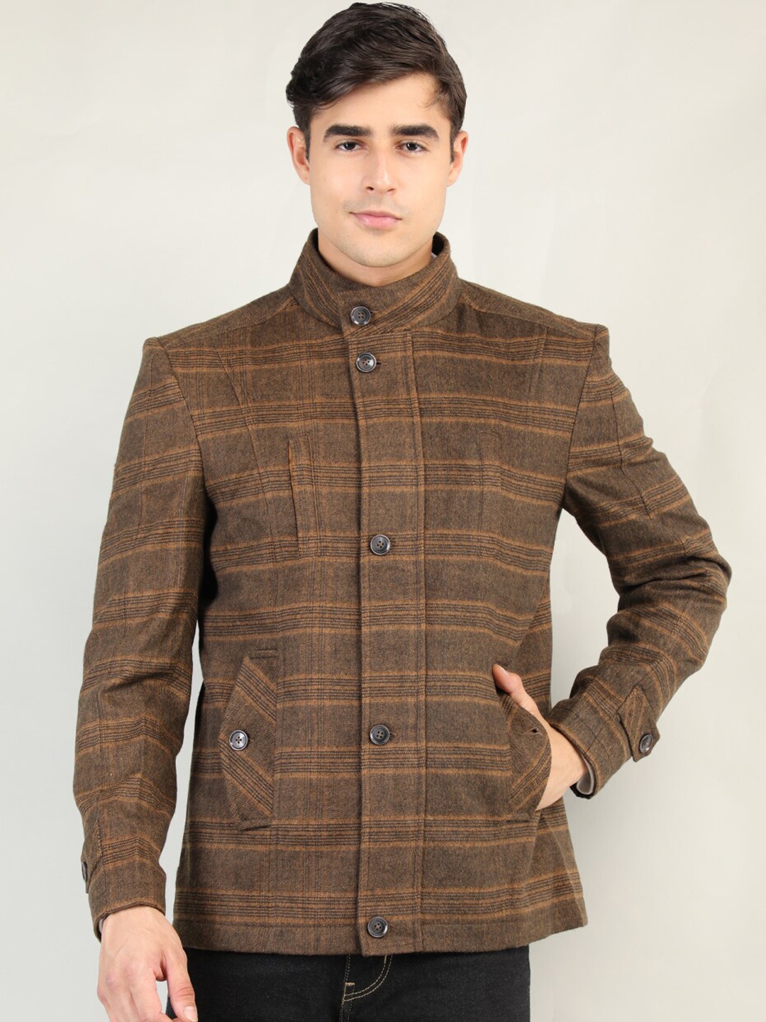 

CHKOKKO Men Tan Brown Checked Winter Overcoat