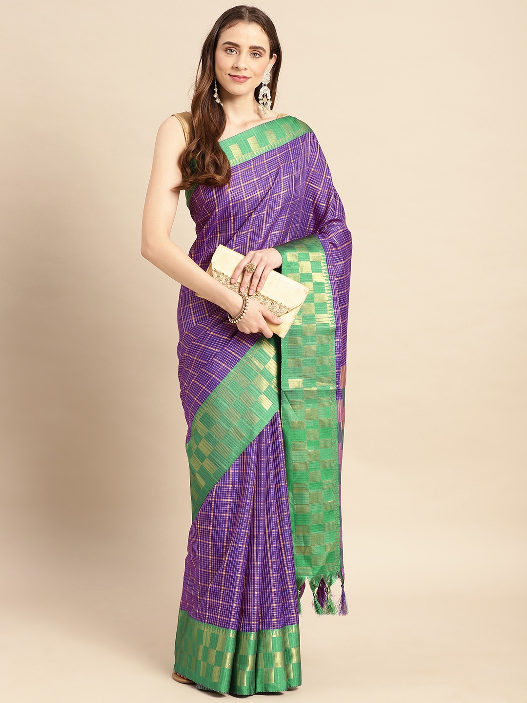 

VASTRANAND Woven Design Checked Saree, Purple